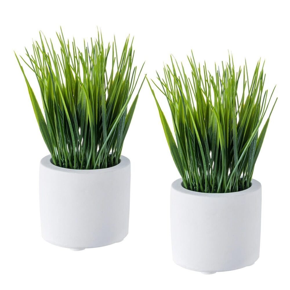 2989 Artificial Grass Plants in Modern Cylindrical White Cement Pots